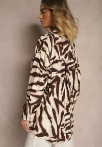 Renee - Beżowo-Brązowa Wiskozowa Koszula z Lnem w Print w Zebrę o Kroju Oversize Telonira. Okazja: na co dzień, na spotkanie biznesowe, na randkę. Kolor: beżowy. Materiał: len, wiskoza. Wzór: nadruk, motyw zwierzęcy. Styl: biznesowy, elegancki, casual #3
