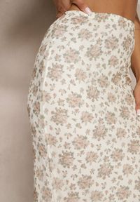 Renee - Biało-Beżowa Dopasowana Spódnica z Ozdobną Falbaną Efravaria. Okazja: na co dzień, na spotkanie biznesowe. Kolor: biały. Styl: biznesowy, elegancki, casual