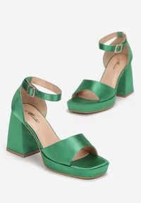Renee - Zielone Sandały na Stożku Kedin. Nosek buta: otwarty. Zapięcie: pasek. Kolor: zielony. Materiał: satyna. Wzór: gładki. Obcas: na stożku #3