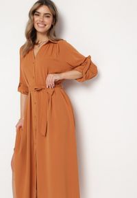 Born2be - Brązowa Rozpinana Sukienka Koszulowa z Regulowanymi Rękawami Grimoire. Kolor: brązowy. Typ sukienki: koszulowe. Styl: wizytowy, elegancki #4