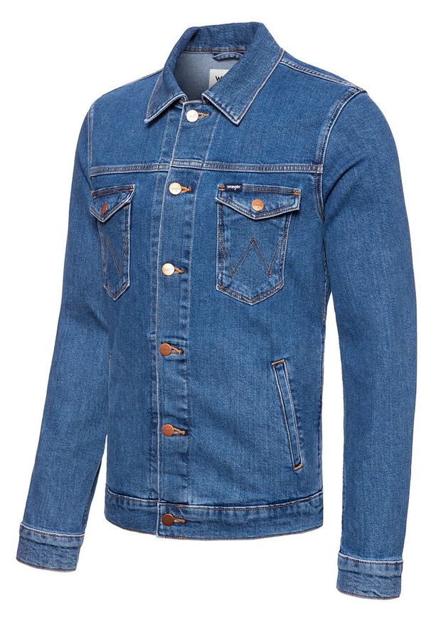 Wrangler - KURTKA JEANSOWA WRANGLER REGULAR JACKET MIDSTONE W44323091 112128853. Typ kołnierza: kaptur. Materiał: jeans. Wzór: aplikacja, nadruk. Sezon: jesień, lato. Styl: elegancki, klasyczny