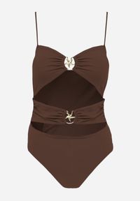Born2be - Brązowy Strój Kąpielowy Jednoczęściowy z Wycięciami i Ozdobnymi Metalicznymi Wstawkami Narilori. Kolor: brązowy #6