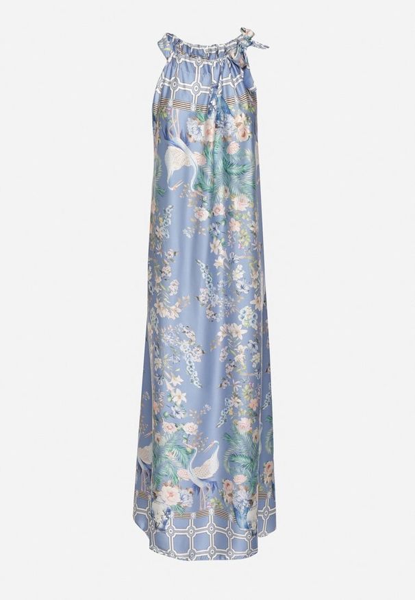 Born2be - Granatowa Satynowa Sukienka w Kwiaty z Ozdobnym Wiązaniem Fenasella. Okazja: na co dzień. Kolor: niebieski. Materiał: satyna. Wzór: kwiaty. Typ sukienki: proste. Styl: wizytowy, casual, klasyczny, elegancki