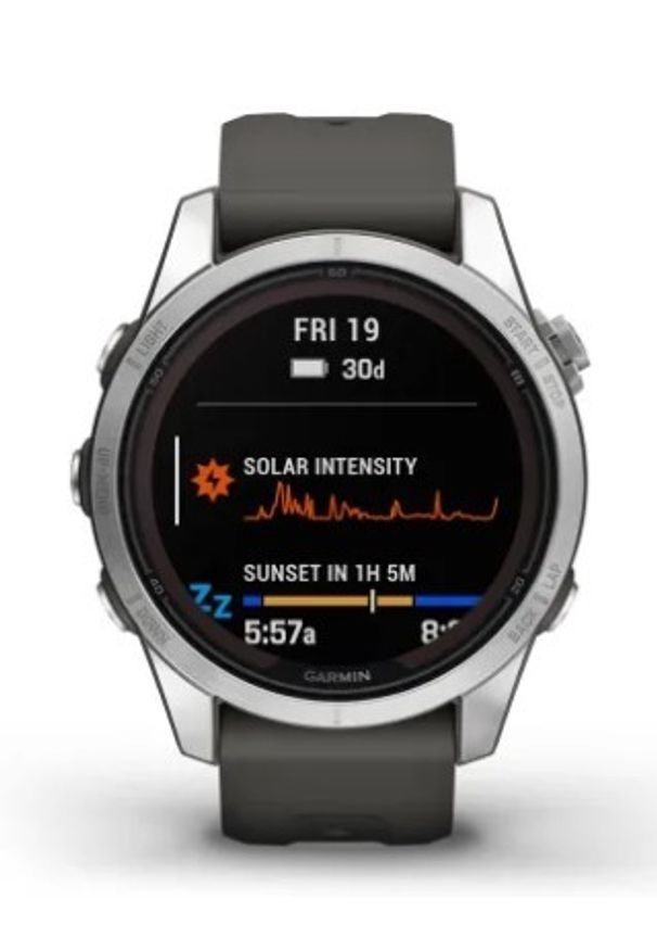 GARMIN - Garmin Fenix 7S Pro Solar srebrny z grafitowym paskiem. Rodzaj zegarka: cyfrowe. Kolor: szary, srebrny, wielokolorowy. Styl: casual, sportowy, militarny
