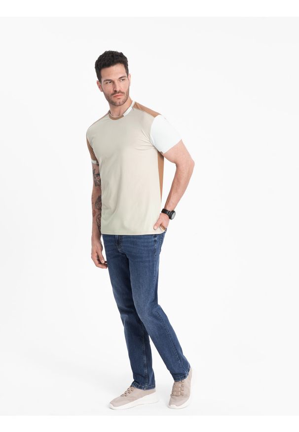 Ombre Clothing - Męski t-shirt z elastanem z kolorowymi rękawami - brązowy V1 OM-TSCT-0176 - XXL. Okazja: na co dzień. Kolor: brązowy. Materiał: elastan. Wzór: kolorowy. Styl: klasyczny, casual