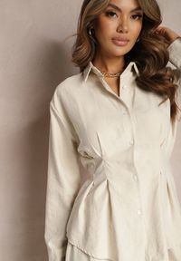 Renee - Beżowy Komplet Luźne Spodnie na Gumce i Dłuższa Koszula Wiązana na Plecach Darienas. Kolor: beżowy. Materiał: tkanina #3
