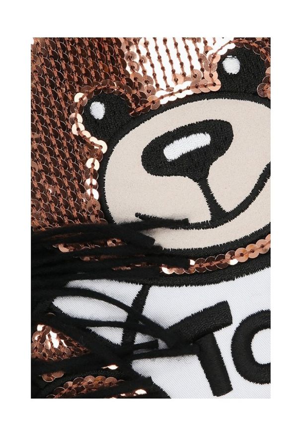 MOSCHINO Czarny szalik damski z misiem z cekinów. Kolor: czarny. Materiał: wełna. Wzór: aplikacja