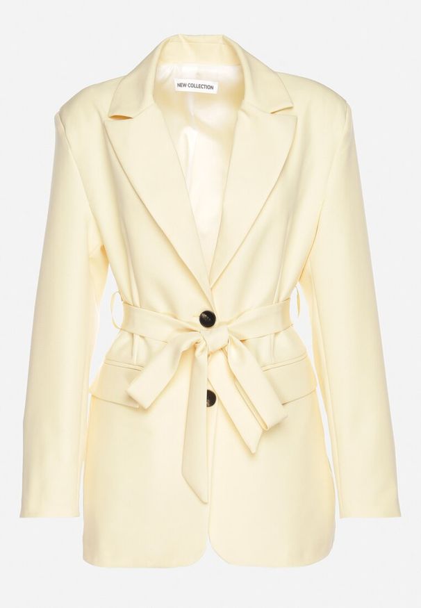 Born2be - Żółta Taliowana Marynarka o Jednorzędowym Kroju z Wiązanym Paskiem Davililsa. Okazja: na co dzień. Kolor: żółty. Materiał: jeans. Styl: elegancki, casual