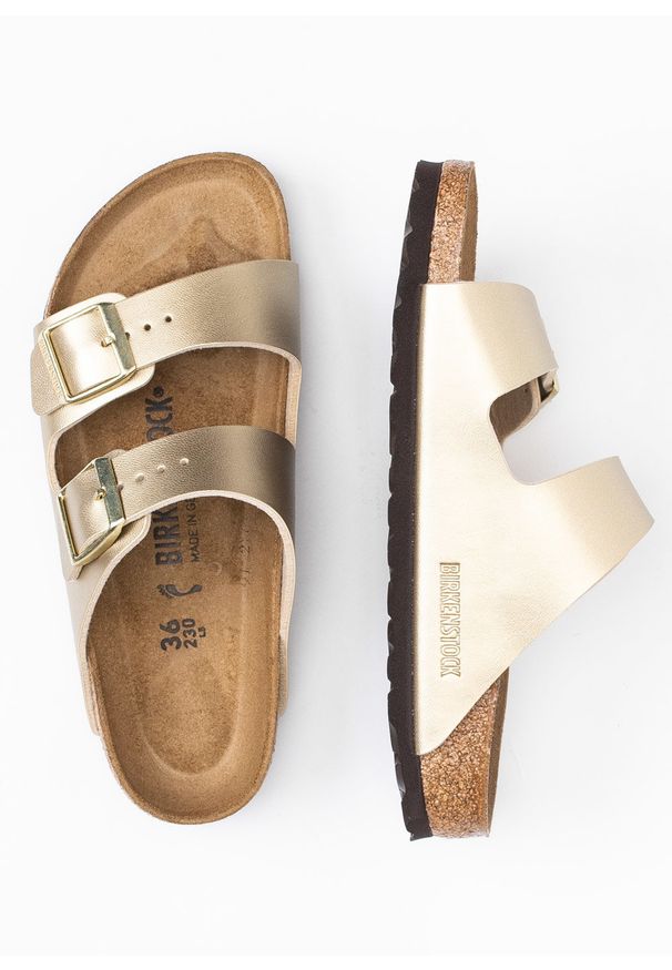 Birkenstock - Klapki damskie BIRKENSTOCK ARIZONA BF. Nosek buta: otwarty. Kolor: złoty. Materiał: materiał, syntetyk, welur, polar, zamsz. Wzór: paski