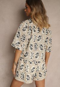 Renee - Beżowy Komplet z Bawełny Szorty i Koszula w Kwiatowy Wzór Kolavea. Kolor: beżowy. Materiał: bawełna. Wzór: kwiaty