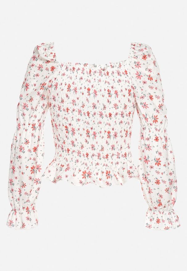 Born2be - Beżowo-Czerwona Bluzka w Stylu Boho z Elastycznymi Gumeczkami w Kwiatki Kanuata. Kolor: beżowy. Wzór: kwiaty. Styl: boho