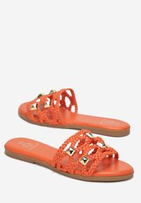 Renee - Pomarańczowe Klapki Argobe. Nosek buta: otwarty. Kolor: pomarańczowy. Materiał: jeans. Wzór: jednolity, paski, geometria. Obcas: na płaskiej podeszwie