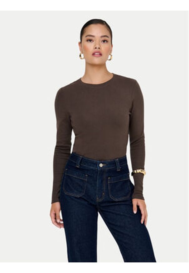 only - ONLY Bluzka Riley 15323159 Brązowy Slim Fit. Kolor: brązowy. Materiał: bawełna