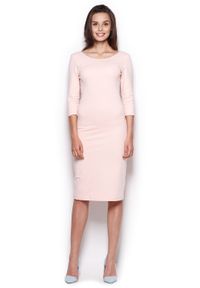 Figl - Midi Sukienka z Rękawem 3/4- Różowa. Kolor: różowy. Materiał: elastan, bawełna. Długość: midi