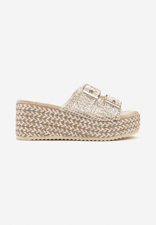 Born2be - Białe Klapki na Plecionym Koturnie z Tweedową Cholewką Desawena. Okazja: na co dzień. Kolor: biały. Materiał: jeans. Sezon: lato. Obcas: na koturnie. Styl: casual, elegancki