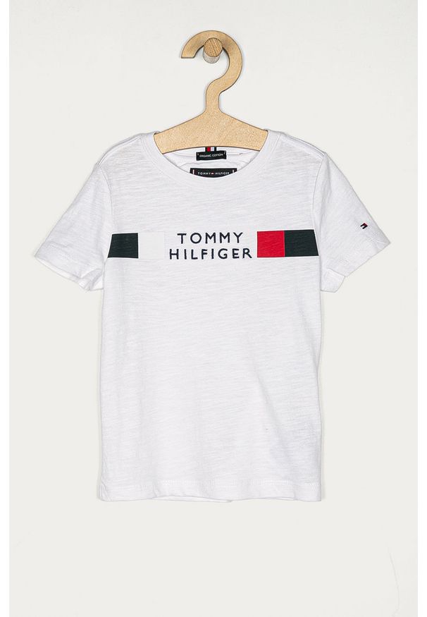 TOMMY HILFIGER - Tommy Hilfiger - T-shirt dziecięcy 98-176 cm. Okazja: na co dzień. Kolor: biały. Materiał: bawełna, materiał, dzianina. Wzór: aplikacja. Styl: casual