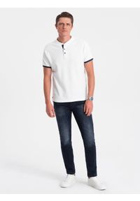 Ombre Clothing - Koszulka męska polo bez kołnierzyka - biała V1 - Rozmiar: L. Typ kołnierza: polo, bez kołnierzyka. Kolor: biały. Materiał: bawełna. Długość: długie #3