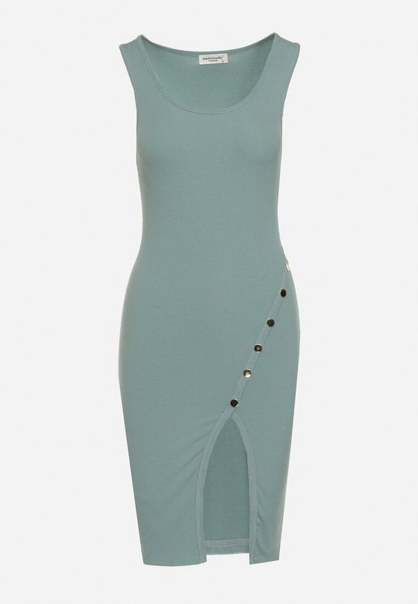 Born2be - Miętowa Dopasowana Sukienka Bez Rękawów z Elastycznej Bawełny z Ozdobnymi Nitami Zimelia. Kolor: miętowy. Materiał: bawełna. Długość rękawa: bez rękawów. Typ sukienki: dopasowane