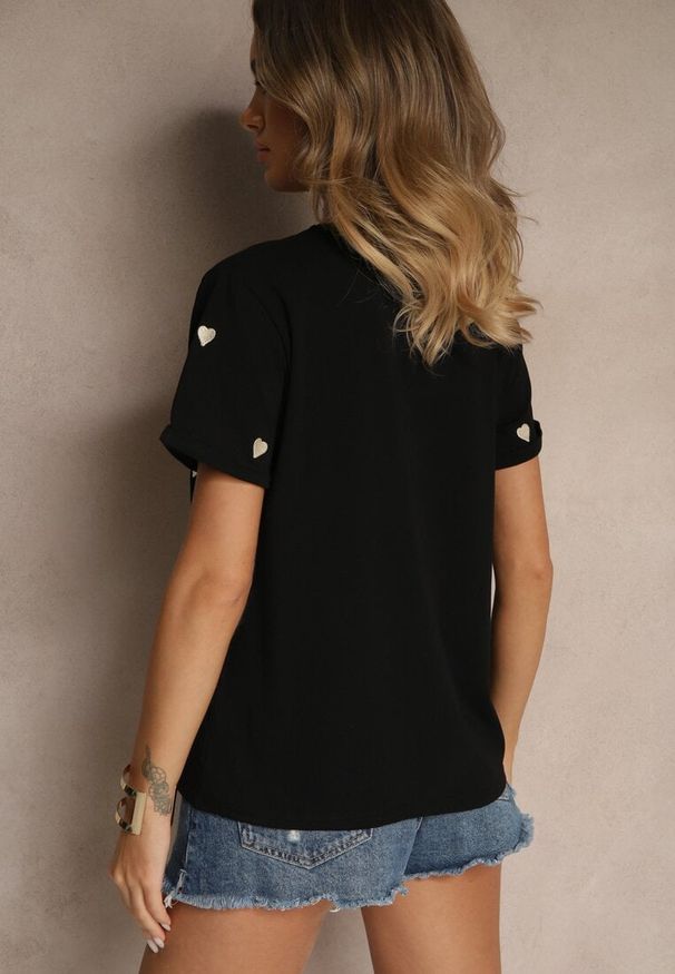 Renee - Czarny Bawełniany T-shirt z Motywem Serc Aramiraa. Okazja: na co dzień. Kolor: czarny. Materiał: bawełna. Styl: casual