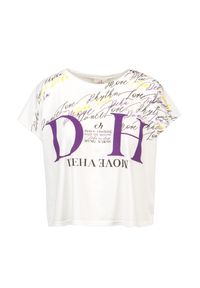 Deha - T-shirt DEHA MOVE. Kolor: biały. Materiał: skóra, włókno, bawełna. Długość: krótkie. Wzór: nadruk, aplikacja