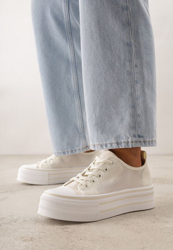 Born2be - Beżowe Trampki na Grubej Podeszwie z Plecioną Cholewką Nalivera. Okazja: na co dzień. Kolor: beżowy. Materiał: skóra, jeans. Szerokość cholewki: normalna. Styl: casual, rockowy