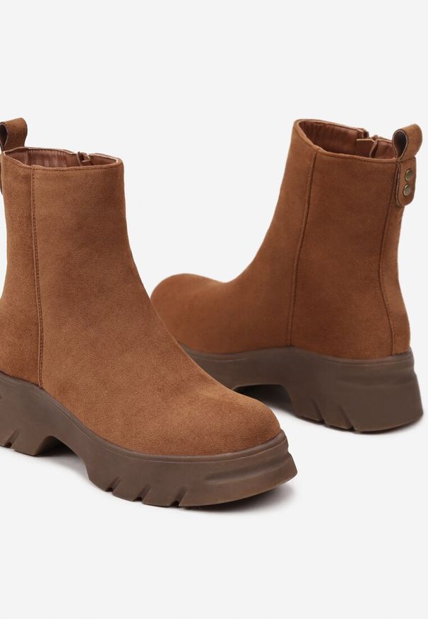 Renee - Brązowe Casualowe Botki z Ekozamszu na Platformie Naolara. Okazja: na co dzień. Kolor: brązowy. Materiał: jeans. Obcas: na platformie. Styl: casual