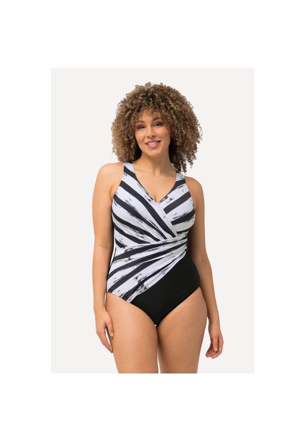 ULLA POPKEN - Damski Kostium kąpielowy paski miękkie miseczki drapowanie. Kolekcja: plus size. Kolor: czarny. Materiał: elastan, poliamid, materiał. Wzór: paski