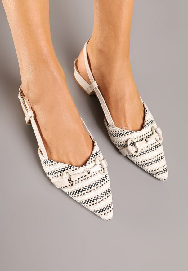 Renee - Beżowe Sandały Vices Slingback Ozdobione Klamrą i Plecionką Nilasiela. Okazja: na co dzień. Zapięcie: klamry. Kolor: beżowy. Wzór: aplikacja. Obcas: na słupku. Styl: elegancki, casual