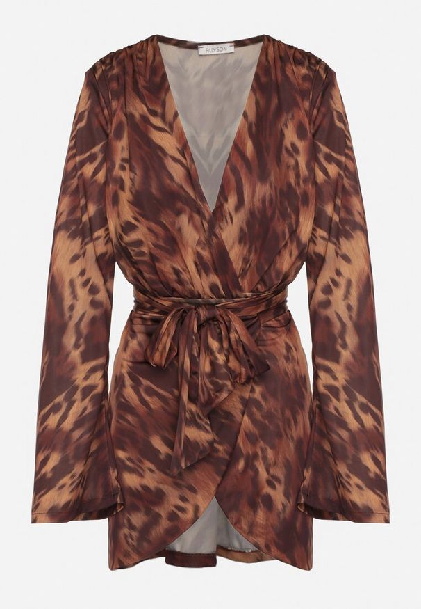 Born2be - Panterkowa Sukienka o Kopertowym Kroju z Wiązanym Paskiem i Gumką w Talii Crestali. Okazja: na co dzień. Typ sukienki: kopertowe. Styl: wizytowy, klasyczny, casual, elegancki