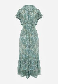 Renee - Zielona Bawełniana Sukienka Paisley z Kopertowym Dekoltem z Falbaną i Gumką w Talii Brionea. Okazja: na co dzień. Typ kołnierza: dekolt kopertowy. Kolor: zielony. Materiał: bawełna. Długość rękawa: krótki rękaw. Wzór: paisley. Typ sukienki: kopertowe. Styl: casual, elegancki #5