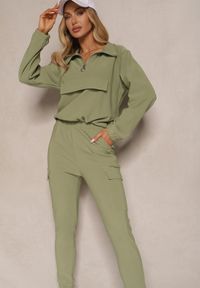 Renee - Zielony Komplet Dresowy Bluza z Suwakiem i Kołnierzem i Spodnie z Kieszeniami Cargo Taigena. Kolor: zielony. Materiał: dresówka #5