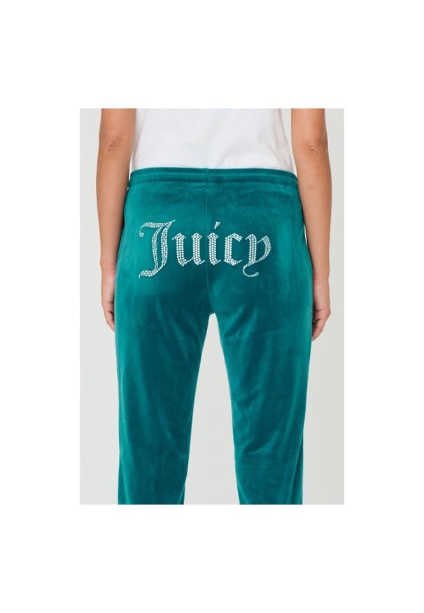 Juicy Couture - JUICY COUTURE Turkusowe spodnie Tina. Kolor: niebieski. Materiał: poliester. Wzór: aplikacja