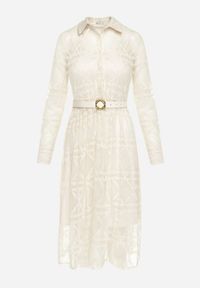 Born2be - Jasnobeżowa Rozkloszowana Sukienka Midi z Haftowanej Tkaniny Abdiela. Kolor: beżowy. Materiał: tkanina. Długość rękawa: na ramiączkach. Wzór: haft. Długość: midi #4