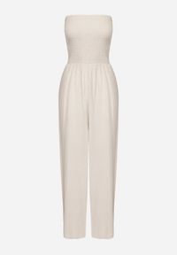 Born2be - Beżowy Bawełniany Taliowany Kombinezon Góra Bandeau Wykończona Gumkami Moranna. Okazja: na co dzień. Kolor: beżowy. Materiał: bawełna. Sezon: lato. Styl: klasyczny, casual #2