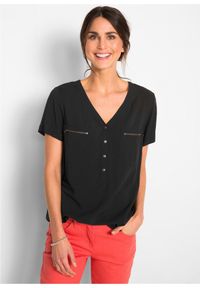 bonprix - Bluzka z wiskozy, krótki rękaw. Typ kołnierza: dekolt w serek. Kolor: czarny. Materiał: wiskoza. Długość rękawa: krótki rękaw. Długość: krótkie #1