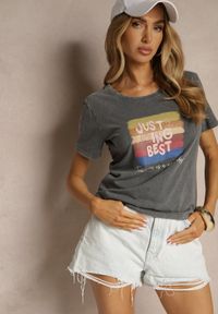 Renee - Ciemnoszary T-shirt z Bawełny z Nadrukiem Inaren. Okazja: na co dzień. Kolor: szary. Materiał: bawełna. Wzór: nadruk. Styl: klasyczny, casual