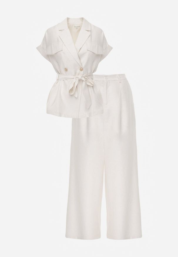 Renee - Biały Wiskozowy Komplet z Lnem Spodnie Wide Leg i Bluzka o Kroju Marynarki Daprise. Kolor: biały. Materiał: wiskoza, len
