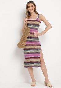 Born2be - Fioletowo-Beżowa Dopasowana Sukienka Midi na Ramiączkach z Elastycznej Dzianiny Dempnia. Kolor: fioletowy. Materiał: dzianina. Długość rękawa: na ramiączkach. Długość: midi #2