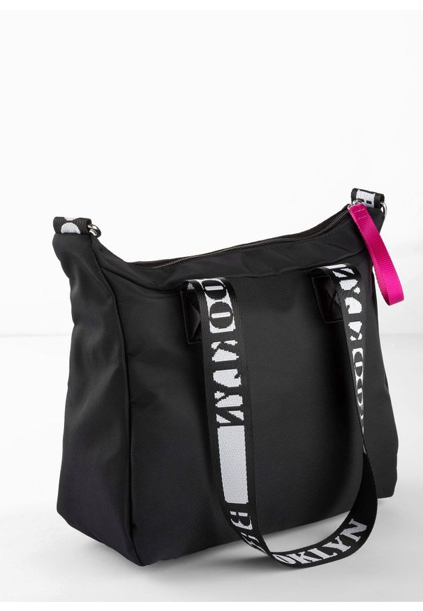 bonprix - Torebka sportowa z kontrastowymi detalami. Kolor: czarny. Wzór: napisy. Styl: sportowy. Rodzaj torebki: na ramię
