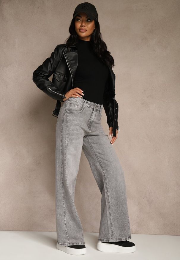 Renee - Szare Szerokie Jeansy z Bawełny High Waist Ozdobione Przetarciami Orryna. Okazja: na co dzień. Stan: podwyższony. Kolor: szary. Wzór: aplikacja. Styl: casual