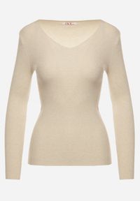 Born2be - Jasnobeżowy Dopasowany Sweter z Prążkowanej Dzianiny z Bawełną z Dekoltem w Serek Tesma. Okazja: na co dzień. Typ kołnierza: dekolt w serek. Kolor: beżowy. Materiał: dzianina, bawełna, prążkowany. Długość rękawa: długi rękaw. Długość: długie. Styl: casual, elegancki #7