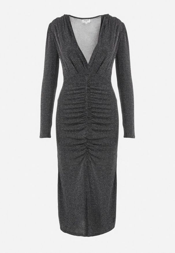 Born2be - Czarno-Srebrna Sukienka Dopasowana z Marszczeniem i Kopertowym Dekoltem Madi. Okazja: na co dzień. Typ kołnierza: dekolt kopertowy. Kolor: czarny. Materiał: tkanina. Długość rękawa: długi rękaw. Sezon: zima. Typ sukienki: kopertowe. Styl: casual, klasyczny