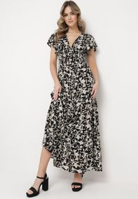 Born2be - Czarno-Beżowa Sukienka Maxi w Kwiaty z Falowanymi Rękawkami i Gumką w Talii Mulanitti. Kolor: czarny. Długość rękawa: krótki rękaw. Wzór: kwiaty. Sezon: lato. Długość: maxi #1