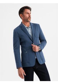 Ombre Clothing - Marynarka męska SLIM z dzianiny o subtelnej strukturze – ciemnoniebieska V6 - Rozmiar: M. Okazja: do pracy. Kolor: niebieski. Materiał: dzianina. Wzór: kolorowy. Styl: klasyczny #8