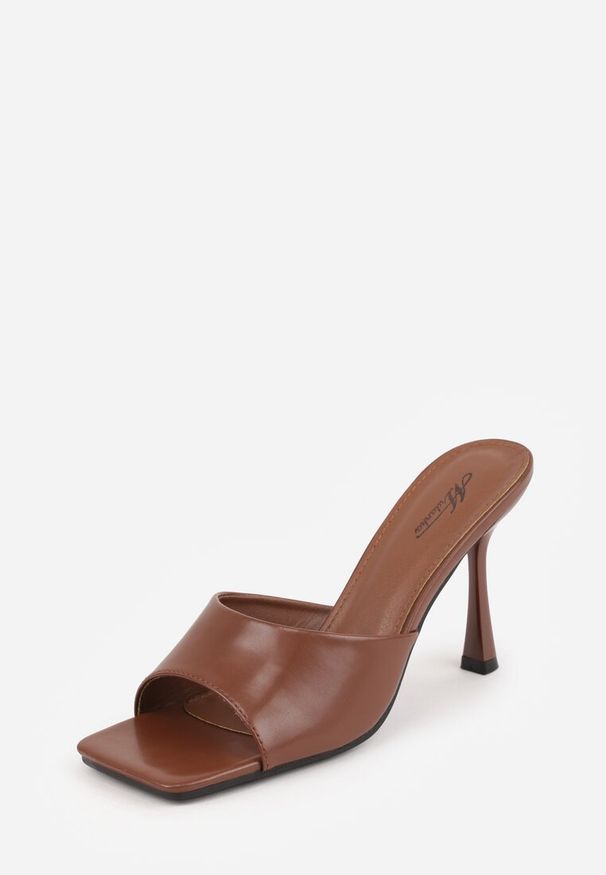 Renee - Brązowe Klapki na Szpilce z Kwadratowym Noskiem Peep Toe Avenata. Okazja: na co dzień, na randkę. Nosek buta: otwarty. Kolor: brązowy. Materiał: jeans, skóra, koronka. Obcas: na szpilce. Styl: casual