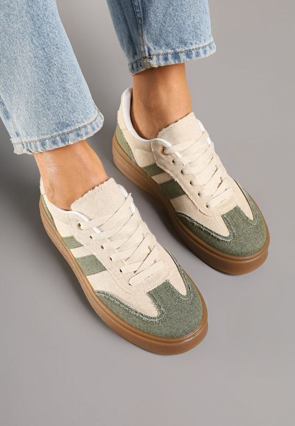 Born2be - Zielono-Beżowe Sneakersy na Kauczukowej Podeszwie Ardislo. Okazja: na co dzień. Kolor: zielony. Materiał: kauczuk