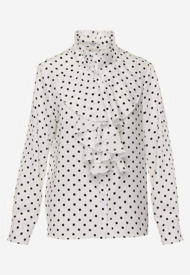 Born2be - Biała Wiskozowa Koszula w Kropki ze Stójką z Ozdobnymi Falbanami Isamene. Okazja: na co dzień. Typ kołnierza: kołnierzyk stójkowy. Kolor: biały. Materiał: wiskoza. Wzór: kropki. Styl: casual, klasyczny