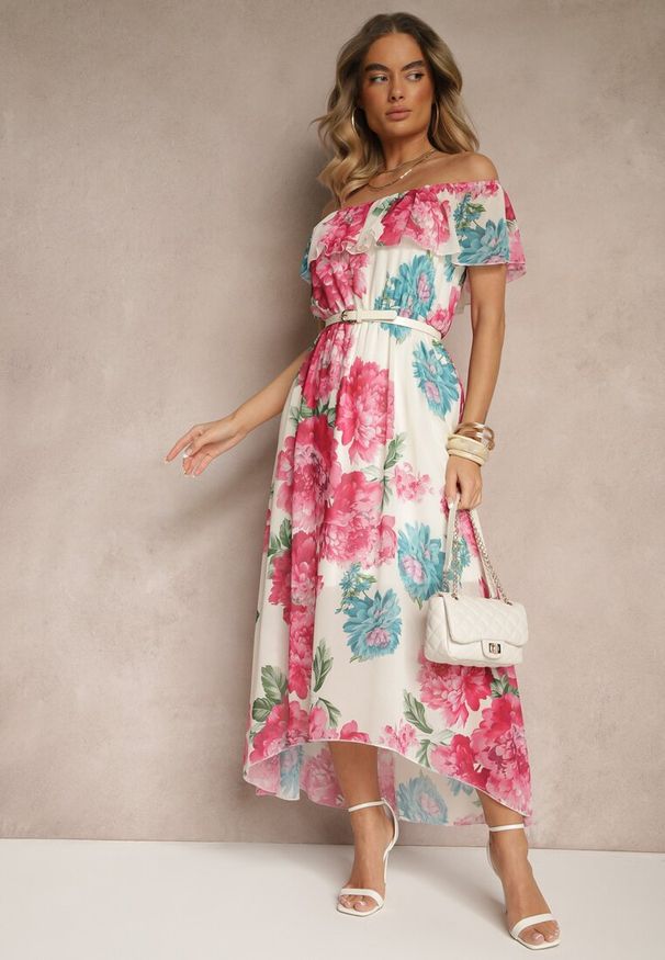 Renee - Fuksjowa Sukienka Hiszpanka z Kwiatowym Wzorem i Plecionym Paskiem Sadeene. Okazja: na imprezę, na co dzień. Typ kołnierza: dekolt hiszpanka. Kolor: różowy. Wzór: kwiaty. Sezon: lato. Styl: casual, elegancki