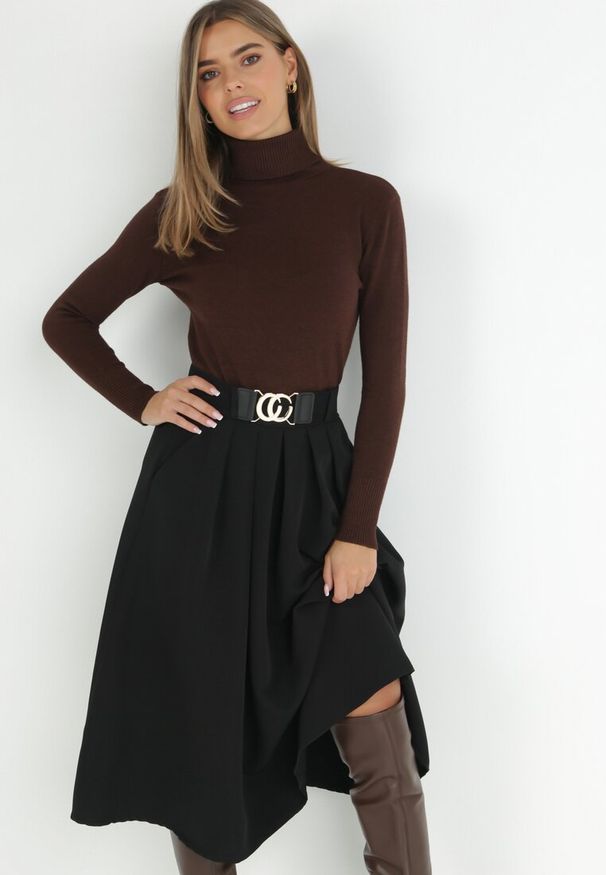 Born2be - Czarna Spódnica Rozkloszowana z Paskiem Cizo. Kolor: czarny