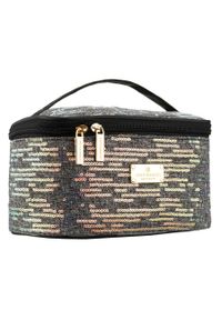 Czarna, podróżna kosmetyczka z tkaniny syntetycznej ozdobiona cekinami - Peterson. Kolor: czarny. Materiał: tkanina, syntetyk. Wzór: aplikacja #1